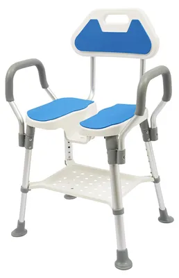 Image de Siège de douche réglable en hauteur, avec dossier et accoudoirs, capacité de charge de 150 kg, stable sur le sol, idéal pour les personnes âgées, les femmes enceintes et les personnes handicapées. Couleur : bleu