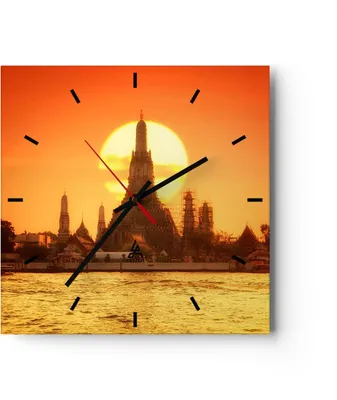Produktbild von Wanduhr - Quadrat - Glasuhr - Tempel Asien - 30x30cm - Schleichendes Uhrwerk - Lautlos - zum Aufhängen bereit - Dekoration Modern - Wanddekoration aus Glas - C3AC30x30-3420