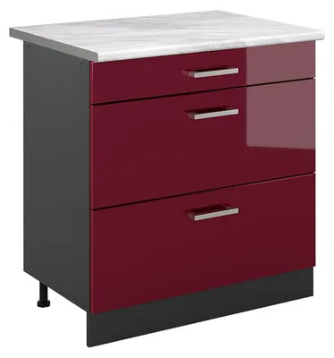 Imagen del producto de Mueble bajo de cocina Vicco R-Line Rojo de alto brillo/Antracita 80 cm con 3 cajones encimera Mármol, Model 72402