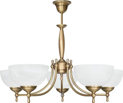Produktbild von Kronleuchter Messing Goldpatina Alabaster-Glasschirm weiß matt Ø64x52cm 5xE27 300W Esszimmer Wohnzimmer klassisch elegant höhenverstellbar Decke