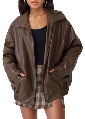 Immagine prodotto di AUTOMET Giacca da donna oversize in ecopelle – Cappotto in stile motociclistico autunnale con cerniera