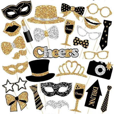 Produktbild von Fotobox Accessoires - 30-teiliges Set mit Foto-Requisiten - Party-Zubehör - Schwarz Gold