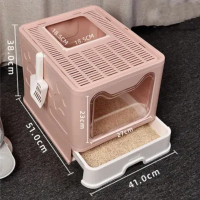 Obrázek produktu pro Kočičí toaleta – Velká, skládací kočičí toaleta s víkem – zásuvka s lopatkou – snadno se čistí – růžová barva