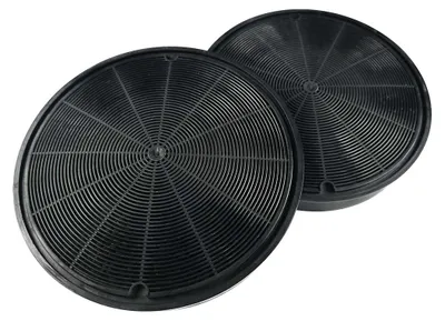 Two black circular carbon filters for a range hood, shown from a diagonal angle against a white background.