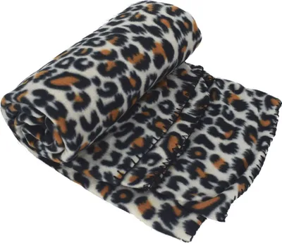 A rolled-up fleece blanket with a leopard print pattern.