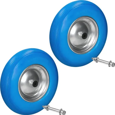 Produktbild von ECD Germany 2er Set Schubkarrenrad aus pannensicherem PolyurethanVollgummi, Ersatzrad Gummirad mit Achse, 4.80/4.00-8, Durchmesser 390 mm, Blau, 200kg, Reifen mit Stahlfelge