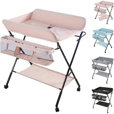 Obrázok produktu pre Skladacia prebaľovacia podložka 3 v 1 s kolieskami, rozmer 80x66x98 cm, ružová farba
