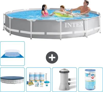Produktbild von Intex Pool mit rundem Prismenrahmen – 366 x 76 cm – Grau – im Lieferumfang enthalten Abdeckung - Wartungspaket - Filterpumpe für Schwimmbad - Filter - Bodenplane