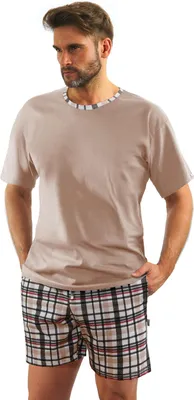 Productafbeelding van Sesto Senso herenpyjama set - Korte mouwen en korte broek, 100% katoen, comfortabel en ademend, elegant design met Madras-ruitpatroon, ideaal voor zomeravonden, beige, model 2187/27 L