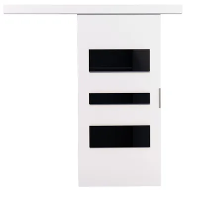 A white sliding door with three horizontal black glass panels.