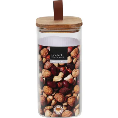 Produktbild von Excellent Houseware Glasbehälter mit Deckel 1500 ml braun transparent Holz Glas Silikon 10,5x10,5x20,5 cm