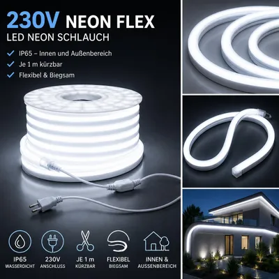 Produktbild von 230V LED Neon Flex Lichtschlauch in Wunschlänge IP65 15x8mm 8W/m Innen & Außen je 1m kürzbar 6500K Kaltweiß