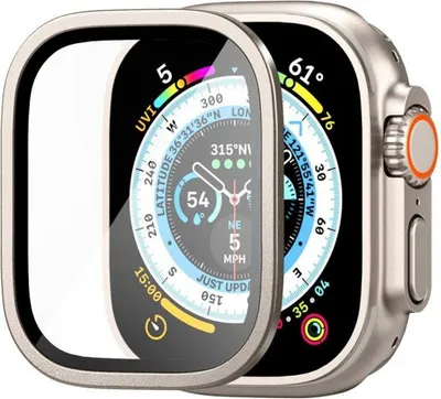 A close-up view of an Apple Watch Ultra with a screen protector and case, showing the watch face with various data displays.