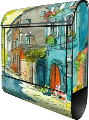 Produktbild von banjado Design Briefkasten Stahl schwarz mit Zeitungsfach pulverbeschichtet "Historischer Stadtkern" 38x46x12,5cm & 2 Schlüssel - Postkasten A4 Einwurf inkl. Montagematerial [BKSCH 11157]