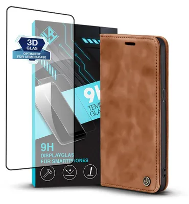 Produktbild von Handy Hülle für Samsung Galaxy S7 edge mit 9H Displayglas Klapphülle Bookcase Flip Cover Handy Tasche Etui Farbe: Hellbraun