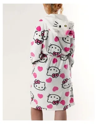 Produktbild von Damen-Bademantel mit Kapuze in Weiß | Kuschelige Fleece-Loungewear mit rosa Akzenten und langen Ärmeln | Cartoon-Charakter-Design | Perfekt für entspannte Tage