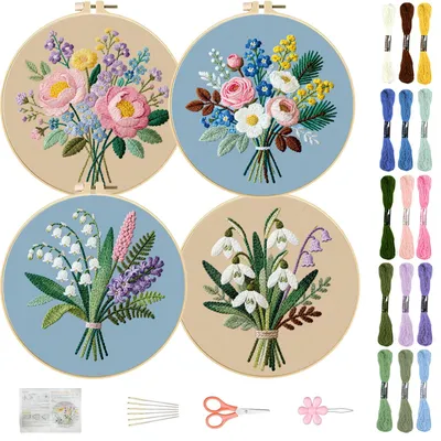 Borduurset für Anfänger, 4 Stück, Blumen, 29,5 cm