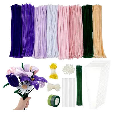 Produktbild von Stück Pfeifenreiniger Blumen Set Inklusive Pfeifenreinigern Stielblumenstab Papierblumenband Und Acrylperlen Für Bastelarbeiten Rosa und Lila
