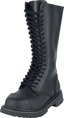 A black leather boot with laces.