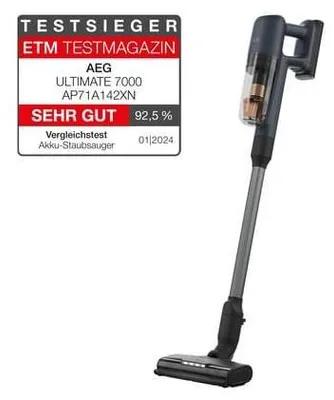 A cordless vacuum cleaner is shown next to a product review badge.