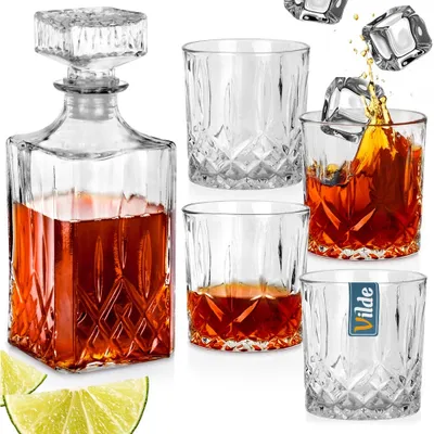 Produktbild von Vilde Whiskykaraffe Glaskaraffe Glasflasche für Whisky Cognac Brandy + 4 Trinkgläser 4x300 ml 5-teilig