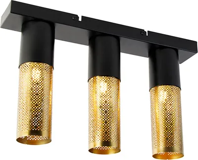 Produktbild von QAZQA - Industrie I Vintage I Industrie I Vintage I Deckenlampe schwarz mit Gold I Messingenem länglichem 3-flammig-Licht - Raspi I Wohnzimmer I Schlafzimmer - Stahl Länglich I Rund - LED geeignet E27