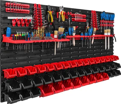 Produktbild von Lagersystem Werkstattregal | 156 x 78 cm | 44 stck. Box | Wandregal mit Werkzeughalterungen und Stapelboxen - Wandplatten Extra Starke Schüttenregal Warkzeuglochwand Lagerregal Garage Regal