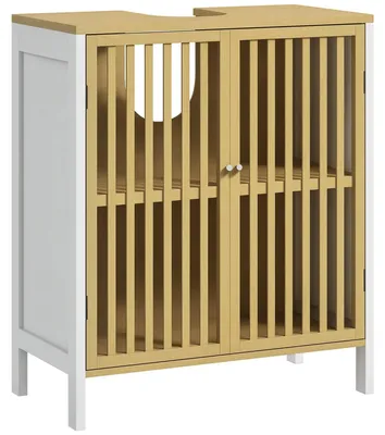Image de Meuble sous-lavabo - Armoire de salle de bain 834-671V00WT - 2 portes - Étagère réglable - Bambou - 60 x 30 x 70 cm - Blanc