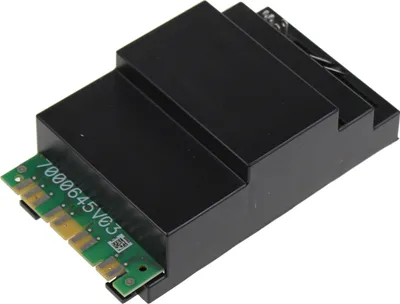 A black electronic component with a green circuit board connector.