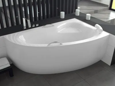 Produktbild von BADLAND Eckbadewanne Badewanne Natalia Premium RECHTS 150x100 mit Acrylschürze, Handgriffen, Kopfstütze, Füßen und Ablaufgarnitur GRATIS