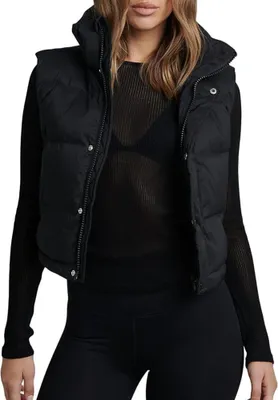 Produktbild von Damen Winter Crop Weste mit Reißverschluss, ärmellose Jacke, Stehkragen, Puffer, gepolsterte Weste, Oberbekleidung (M)