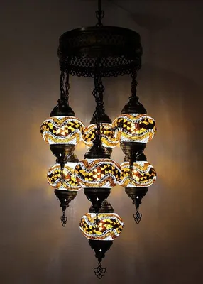 Image de Suspension à 7 globes en verre mosaïque brun - Suspension turque avec 7 boules en verre mosaïque - Plafonnier oriental