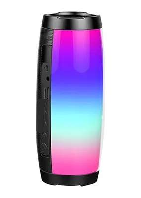 A black portable speaker with a colorful light display.