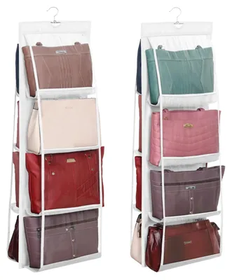 Produktbild von Handtaschen-Organizer (2er-Pack) – Weißer, faltbarer Kleiderschrank-Organizer zum Aufhängen für alle Arten von Handtaschen – Mit 8 transparenten Kunststofffächern und einem stabilen Kleiderhaken