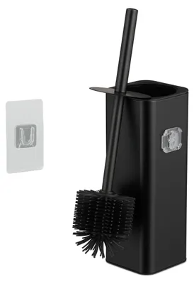 Image de Brosse de toilettes Relaxdays à fixation murale, à coller, H x l x P : 36,5 x 9,5 x 10,5 cm, brosse de nettoyage pour WC avec support, noir