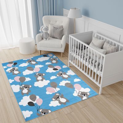 Teppich Kinderzimmer Wohnzimmer Schlafzimmer Kurzflor Modern Design Blau Weiß Grau Mehrfarbig Bär Teddy Kinderteppich ÖKOTEX 120 x 170 cm