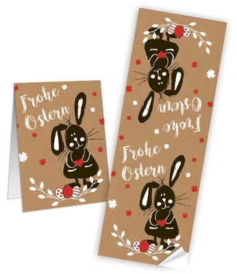 Produktbild von Logbuch-Verlag 10 Frohe Ostern Aufkleber Osterhase Osterdeko Osteretiketten 7,2 x 21 cm zur Verpackung für Kindergeschenke Geschenke Give-Away Tafel Kreide schwarz weiß rot braun100 Stück