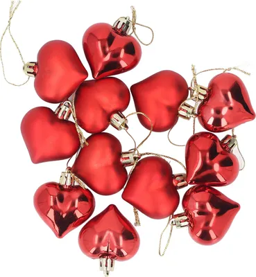 Productafbeelding van 12 stuks kerstboomversiering, hartvormige, romantische hangdecoraties voor feest, bruiloft, rood