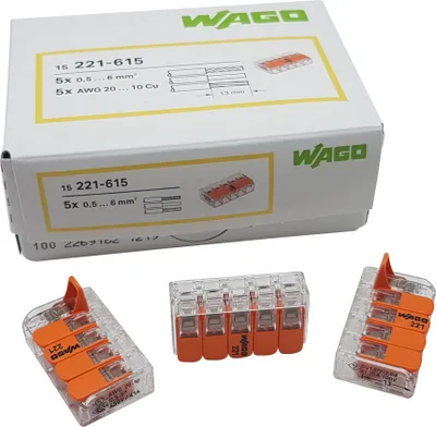 A product shot of Wago 221-615 connectors and their packaging.