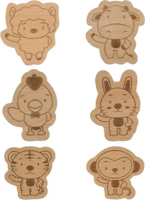 Produktbild von Set aus 6 Holzgriffen für wilde Tiere - Hase, Huhn, Lamm, Affe, Tiger, Kuh - Kinderzimmer Dekoration und Schalterknöpfe