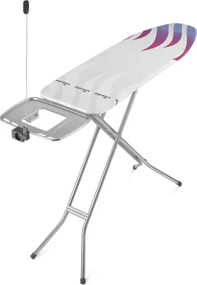 A Vileda ironing board with a patterned cover and a wire guide for the iron cord.