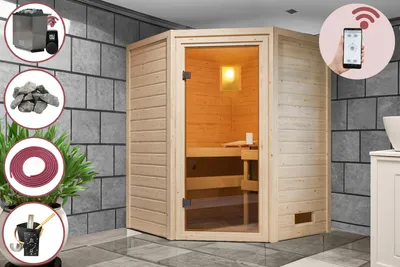 Produktbild von Karibu Sauna Innensauna Heimsauna MILA 2 Sparset 146x146 cm inkl. 9kw Ofen mit HUUM Wifi (App fähig) Steuerung