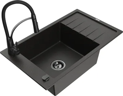 Produktbild von Mexen Elias 1 Becken-Granitspüle mit Abtropffläche und Mischbatterie Aster, Schwarz/Gold metallisch - 6511-75-73450-70-B