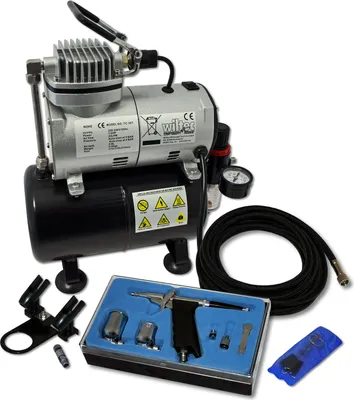 Image de Wiltec Kit Airbrush avec compresseur AS 186 – réservoir 3 L 30 l/min – Pistolet aérographe 116, Godets & Accessoires – pour débutants et professionels – Aérographie, Tatouage, Nail Art, Peinture