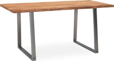 Gesamtansicht des Esszimmertischs Akazie Massivholz Metall Baumkante Trapezbeine Chrom mit Holzplatte und Metallgestell.