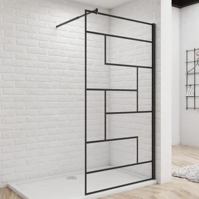 Produktbild von 8mm Schwarz unregelmäßige Form Duschwand für Begehbare Dusche Hartglas 100×200 cm + 70-120cm flexiblen Stange Schwarz