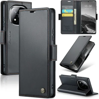 A collage of images showing a black leather phone case with multiple views and angles, including a phone inside with cards.