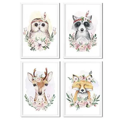 Produktbild von Golden Posters 4er Bilder Set Poster hochwertig süße Motive mit Tieren - Bilder Deko Kinderzimmer Mädchen und Junge - Bilderset Baby - Papier DIN A 4 300g/m2 Eule, Waschbär, Reh, Fuchs (Bunt)