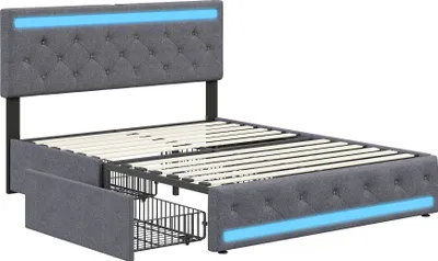 Obrázek produktu pro UnboxG Čalouněná postel 180x200cm se 4 zásuvkami, LED, funkce nabíjení (USB&Typ-c), manželská postel pro mladé s roštovým rámem, dřevěná postel s úložným prostorem klasická postel, povlečení, šedá barva