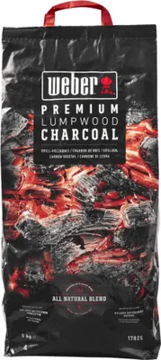 A bag of Weber Premium Lumpwood Charcoal.